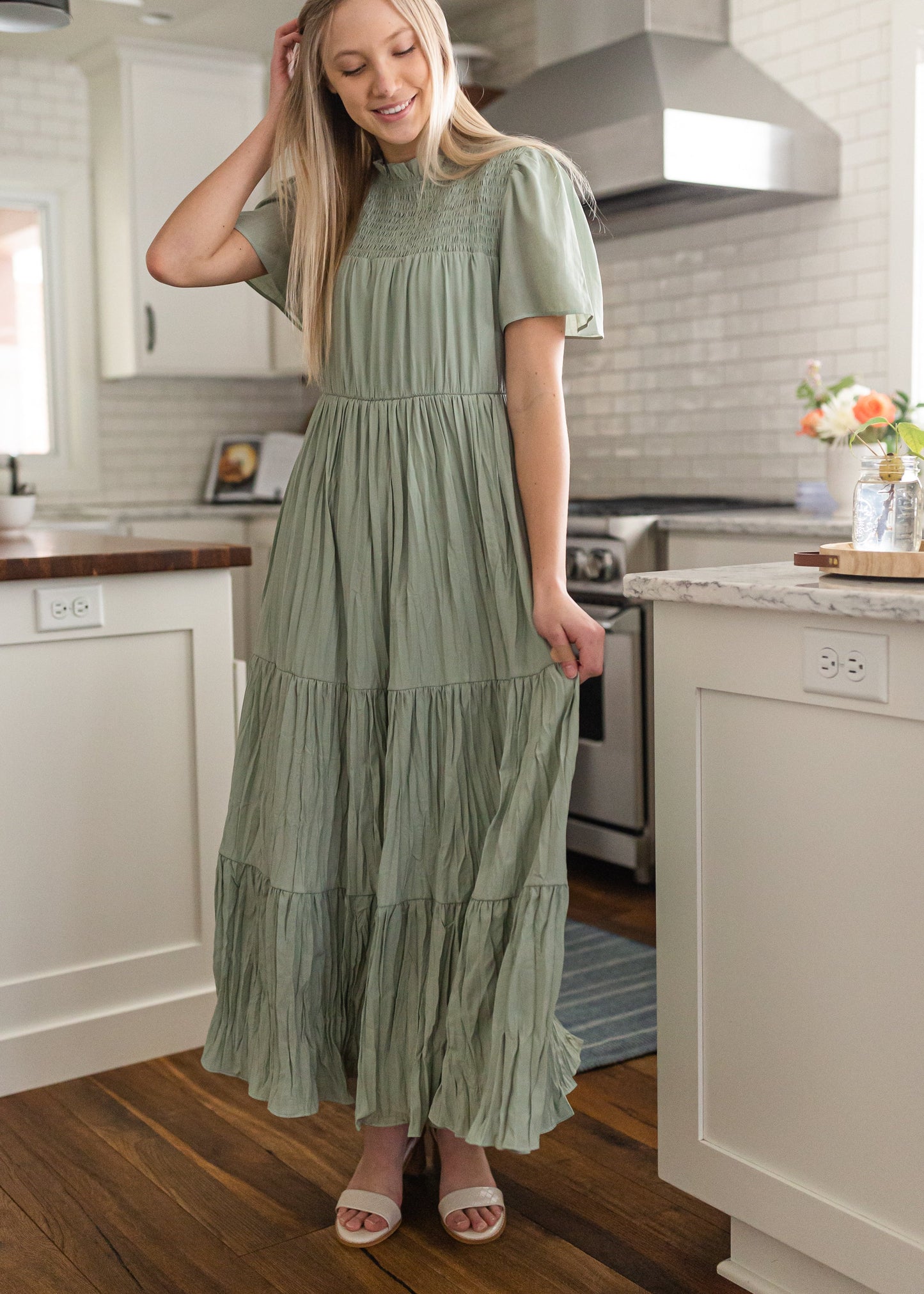 Sage Smocked Top Tiered Maxi Dress Dresses