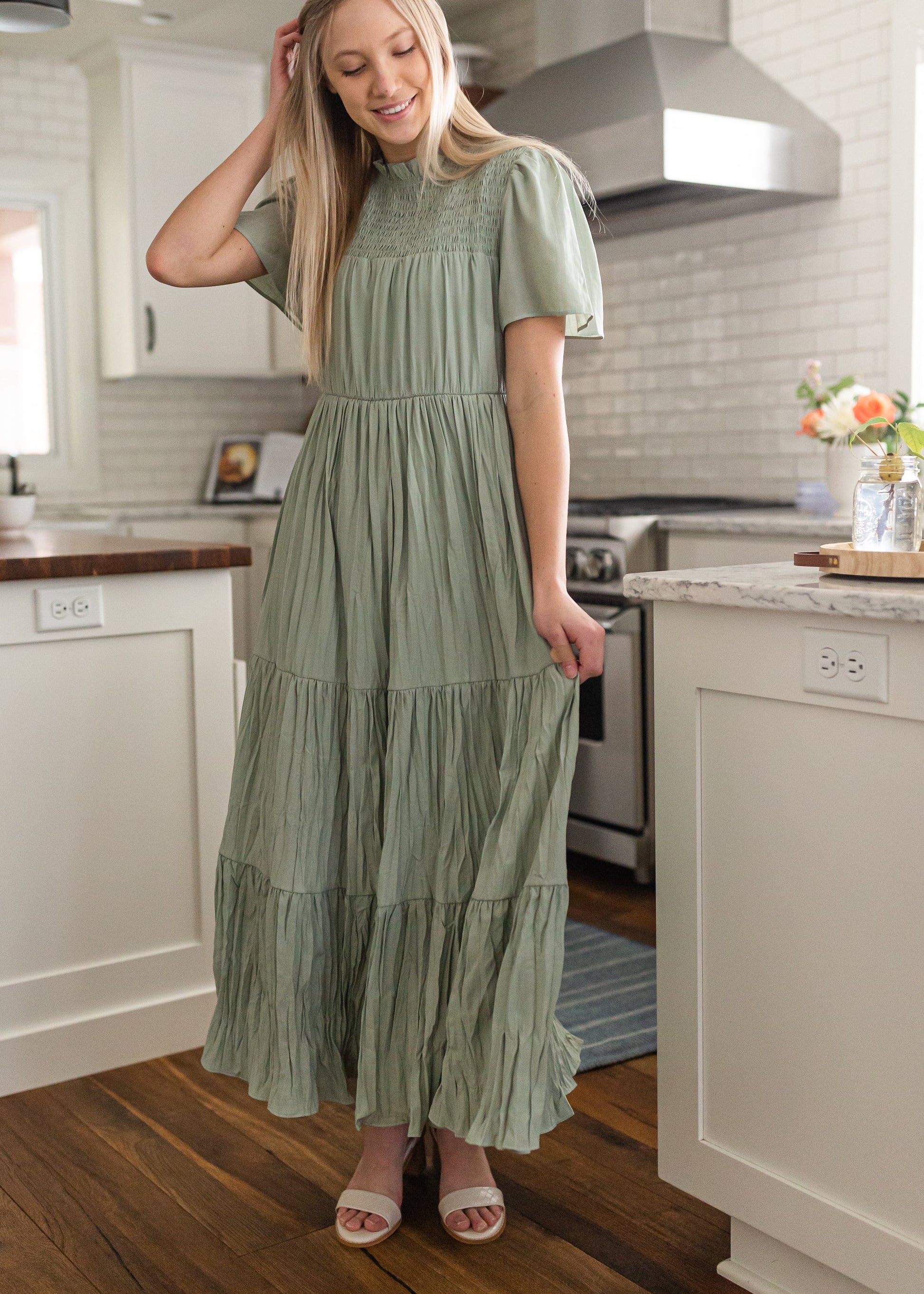 Sage Smocked Top Tiered Maxi Dress Dresses