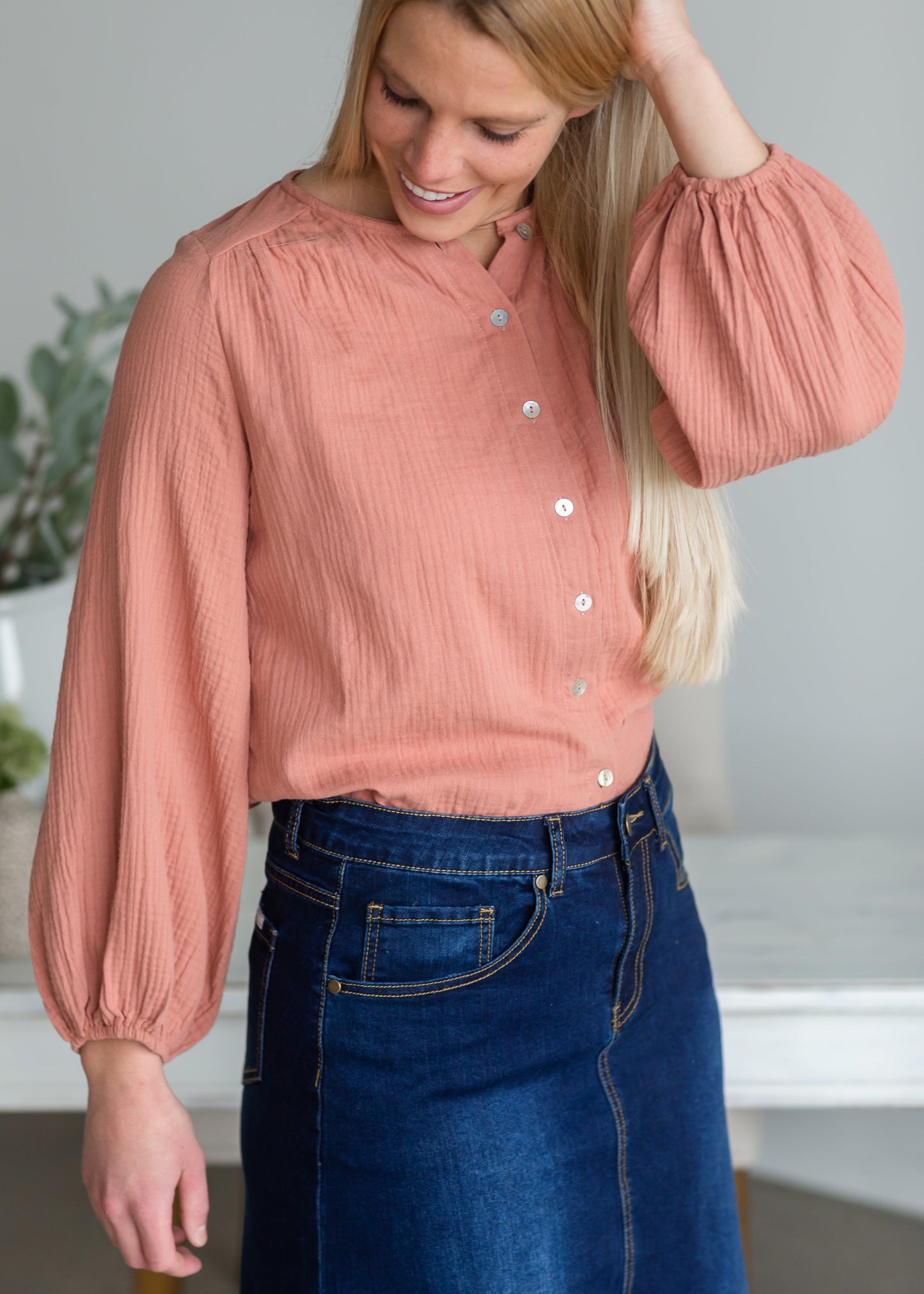 Salmon Cotton Button Up Blouse - FINAL SALE Tops