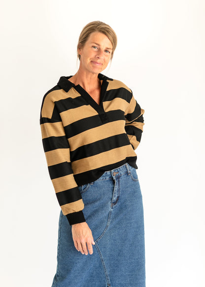 Shelley Wide Stripe Collared Knit Top FF Tops Camel / S