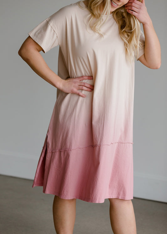 Short Sleeve Dip Dye Pink Midi Dress - FINAL SALE Dresses