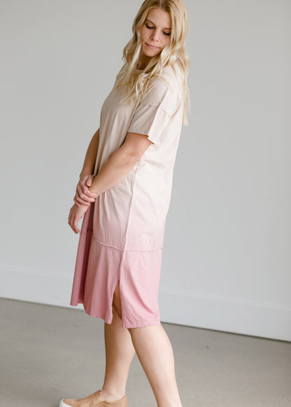 Short Sleeve Dip Dye Pink Midi Dress - FINAL SALE Dresses