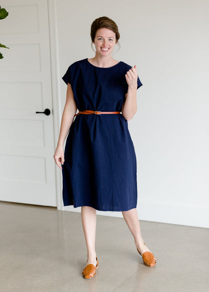 Short Sleeve Navy Cotton Midi Dress - FINAL SALE Dresses