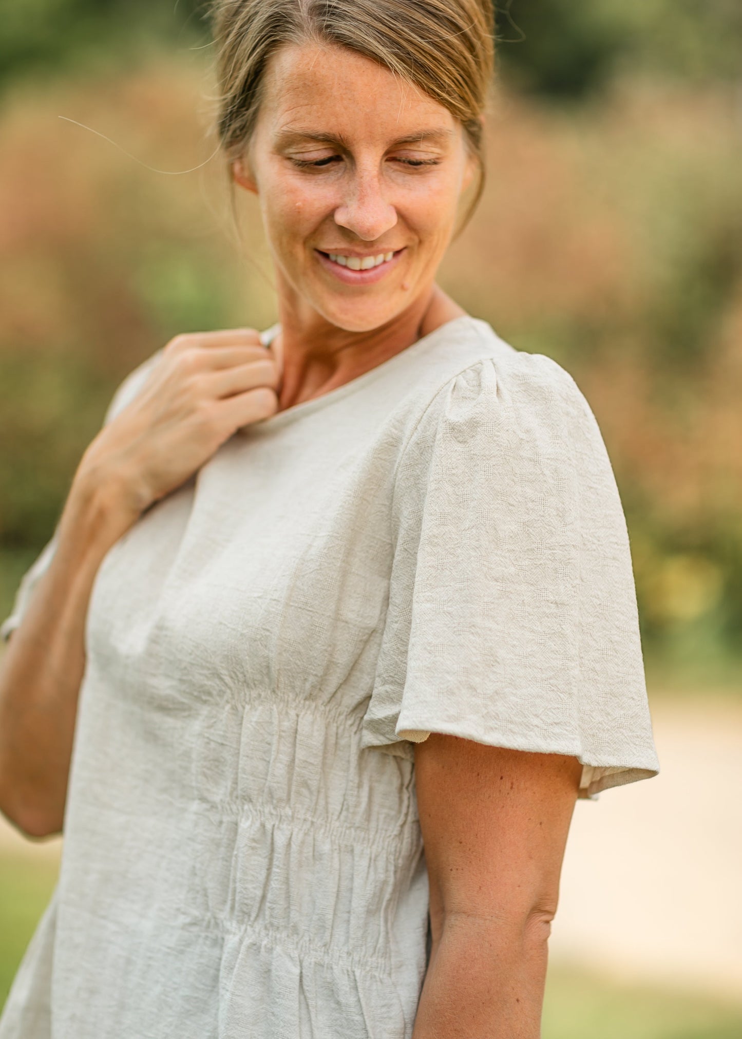 Short Sleeve Smocked Side Peplum Top FF Tops