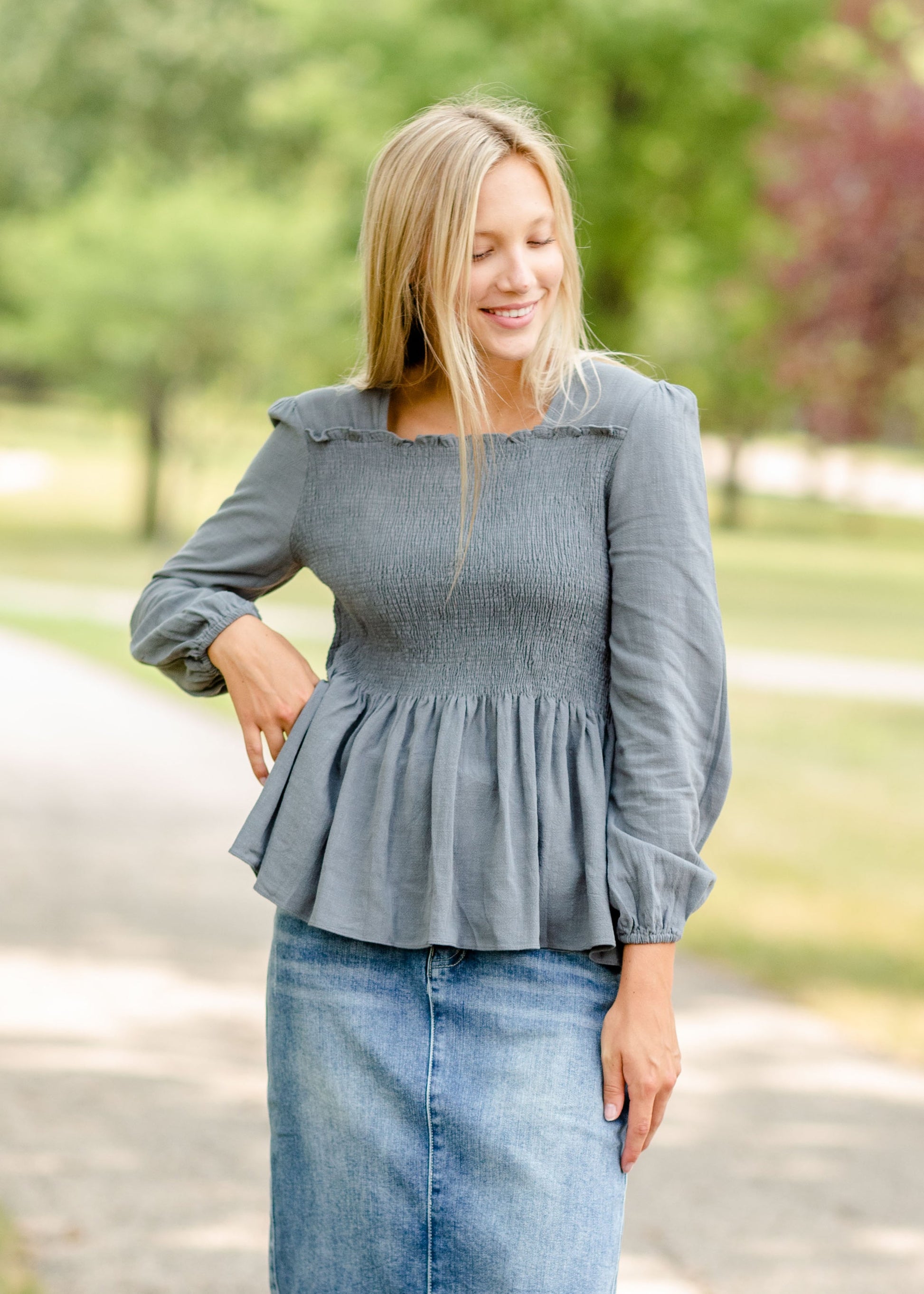 Slate Square Neck Smocked Top - FINAL SALE Tops