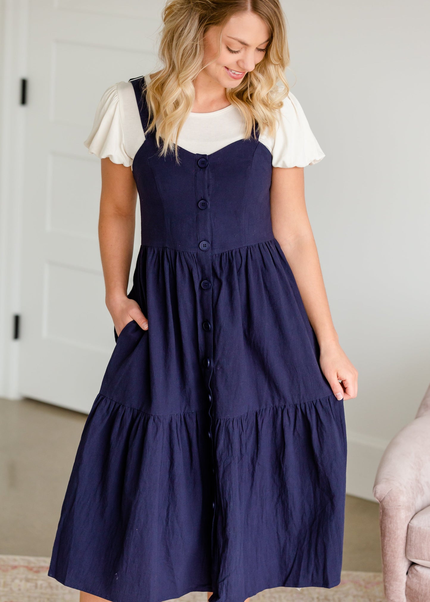 Sleeveless Navy Pleated Detailed Midi Jumper Dress - FINAL SALE Dresses