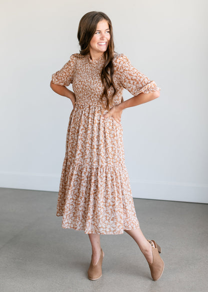 Smocked 3/4 Sleeve Floral Midi Dress FF Dresses