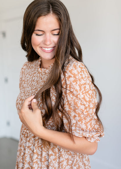 Smocked 3/4 Sleeve Floral Midi Dress FF Dresses