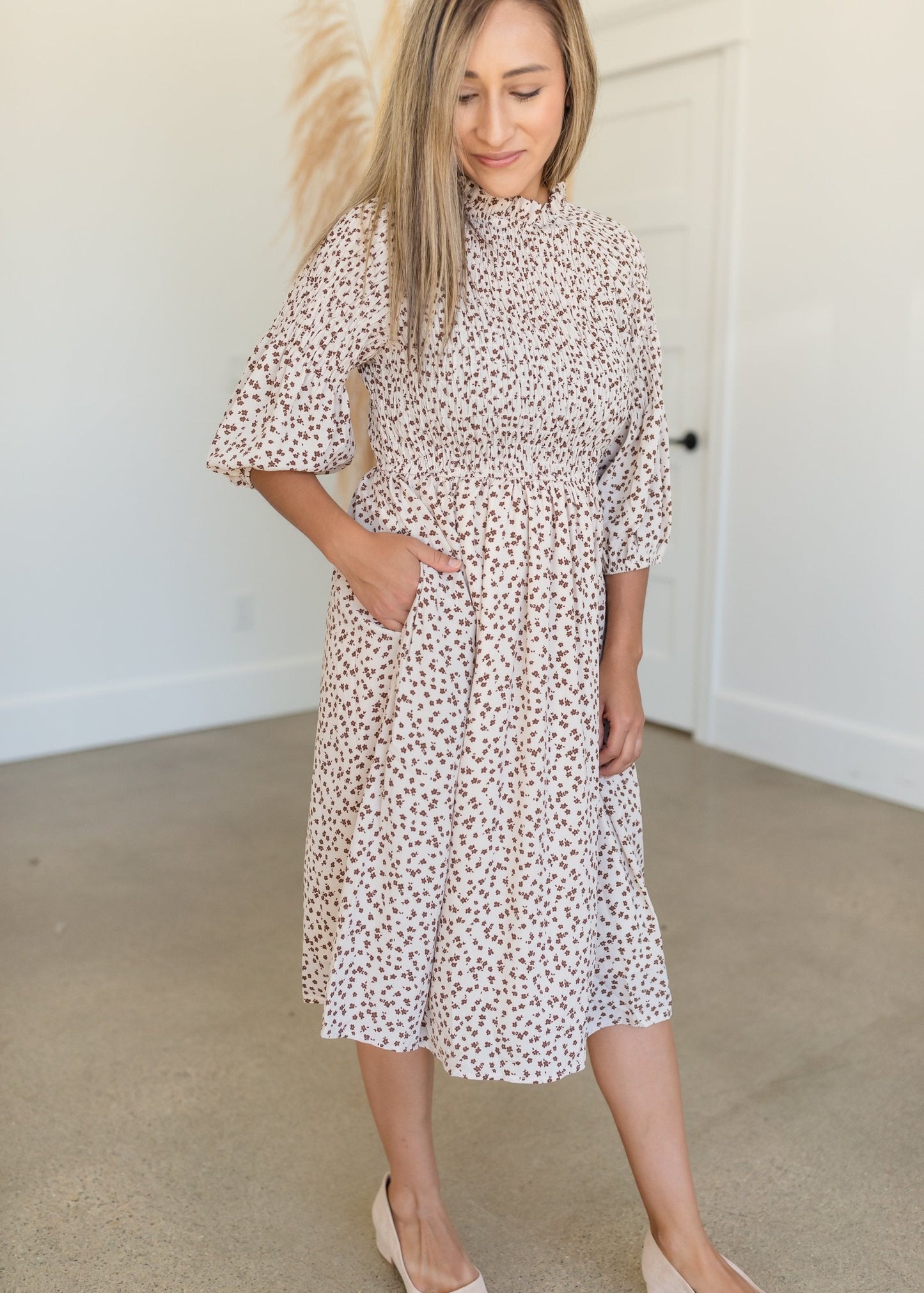 Smocked 3/4 Sleeve Floral Midi Dress - FINAL SALE FF Dresses