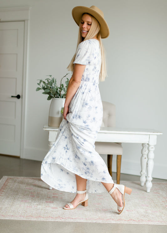 Smocked Blue Floral Maxi Dress Dresses