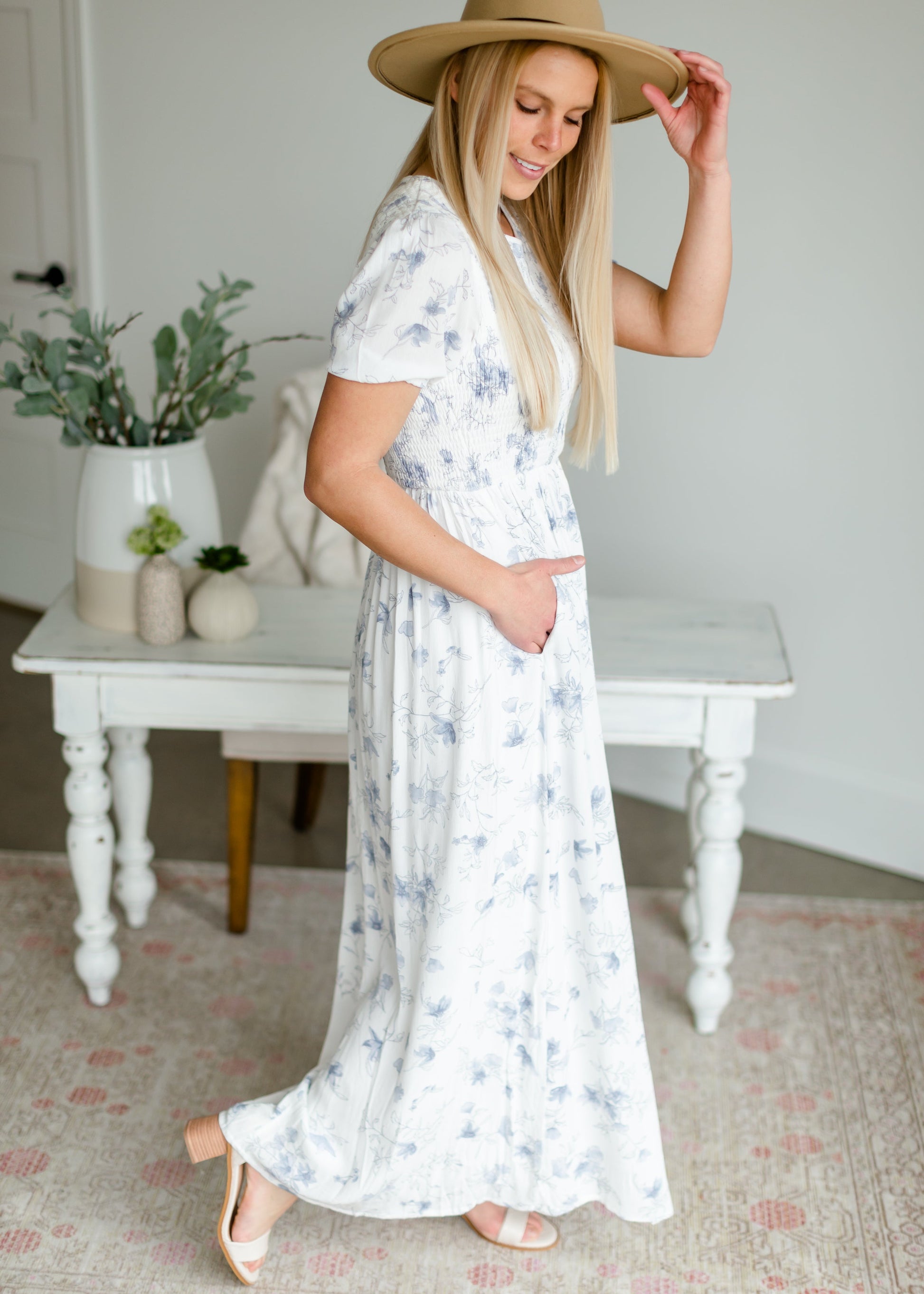 Smocked Blue Floral Maxi Dress Dresses