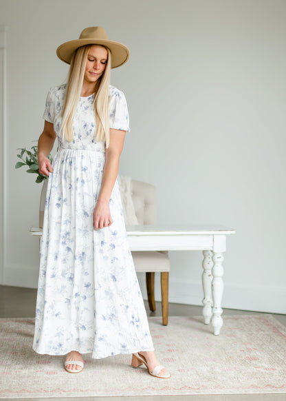 Smocked Blue Floral Maxi Dress Dresses