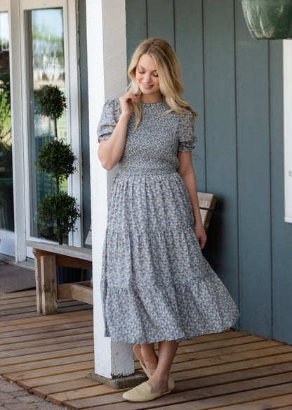 Smocked Bodice Blue Floral Tiered Dress Dresses