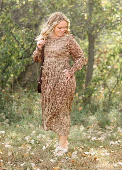 Smocked Brown Long Sleeve Maxi Dress FF Dresses