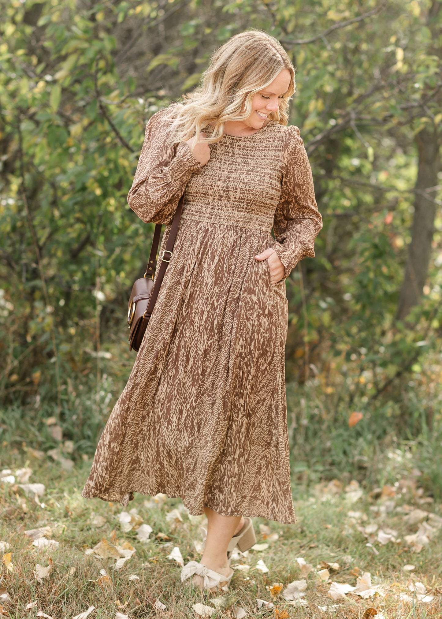 Smocked Brown Long Sleeve Maxi Dress FF Dresses