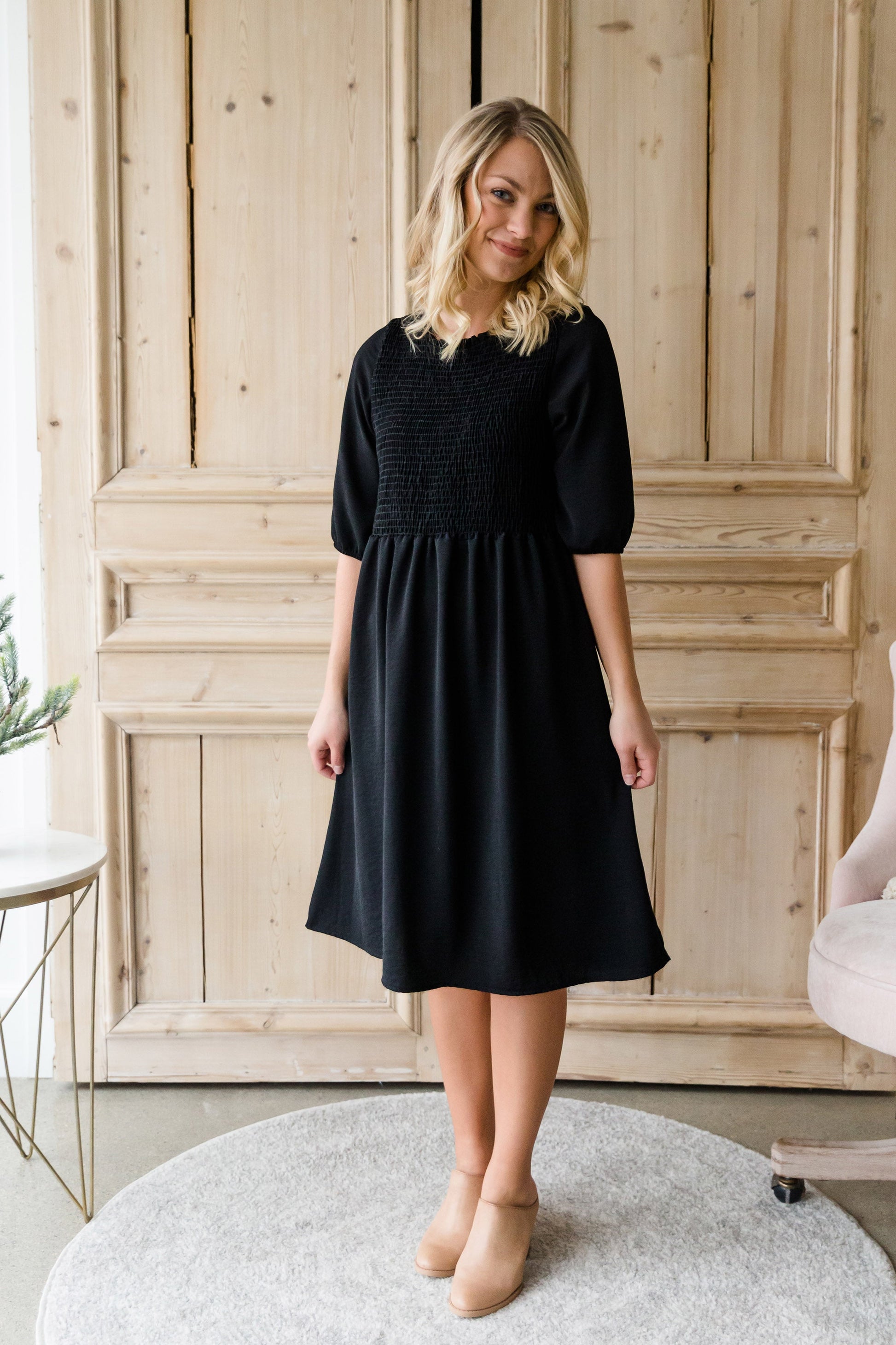 Smocked Front Black Midi Dress - FINAL SALE Dresses