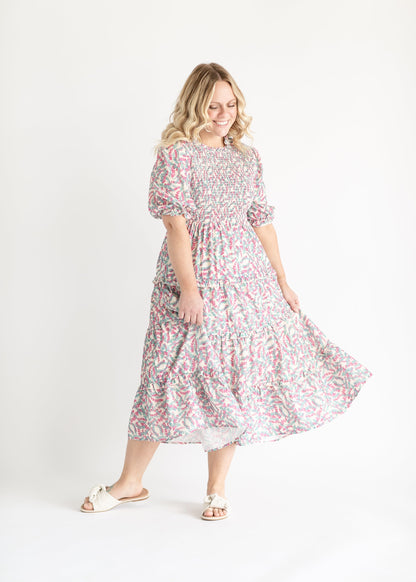 Smocked Half Sleeve Floral Maxi Dress FF Dresses