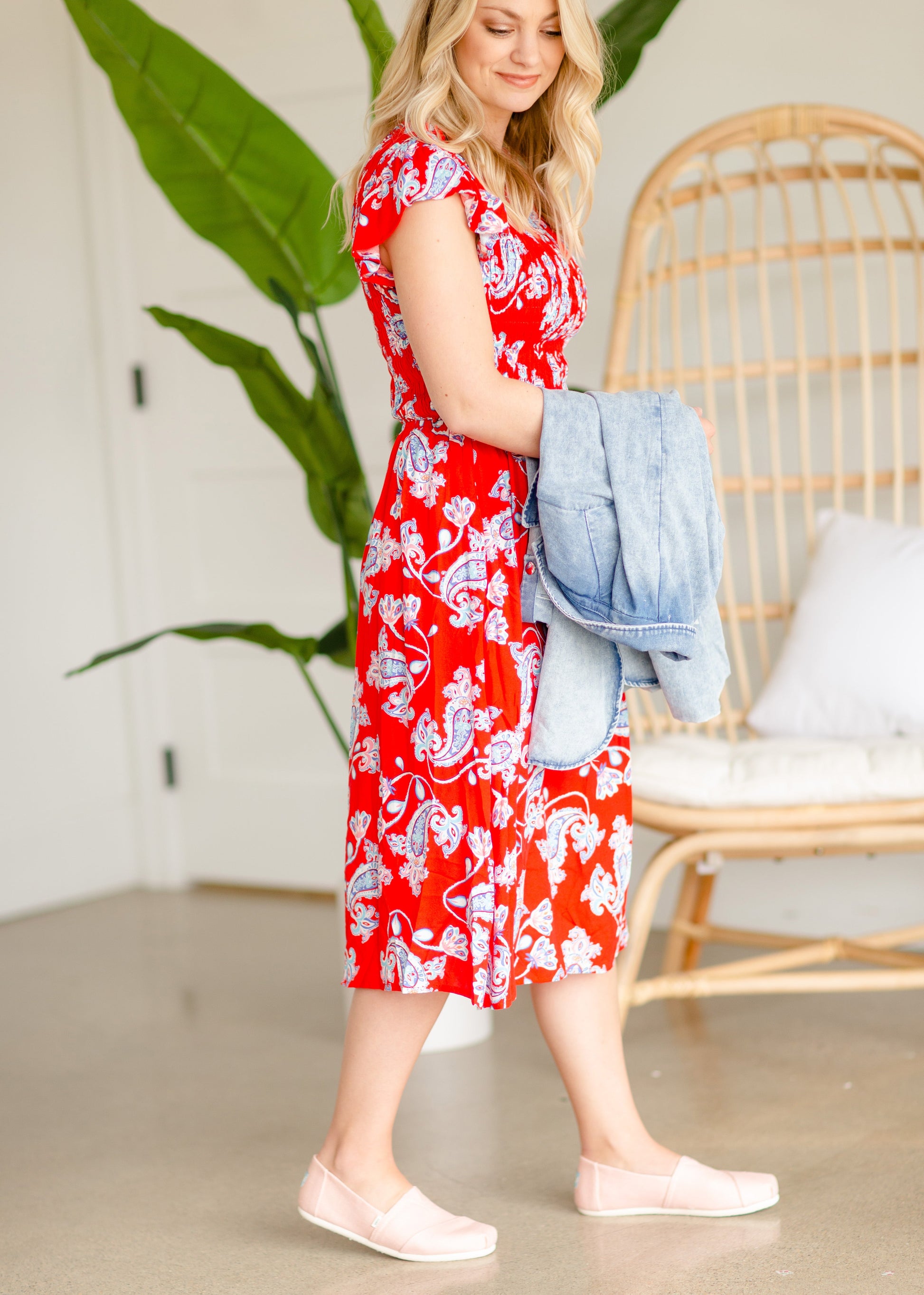 Smocked Paisley Red Midi Dress Dresses