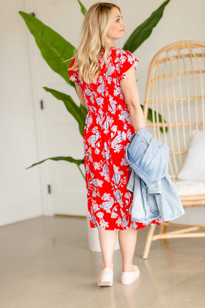 Smocked Paisley Red Midi Dress Dresses