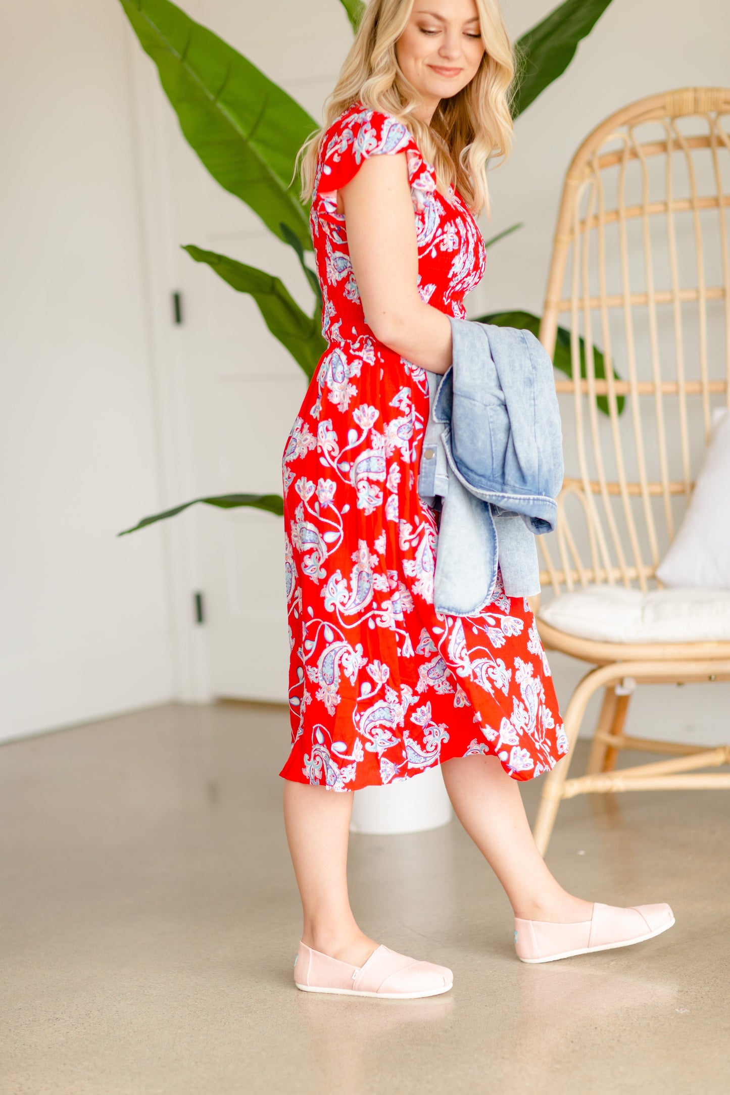 Smocked Paisley Red Midi Dress Dresses