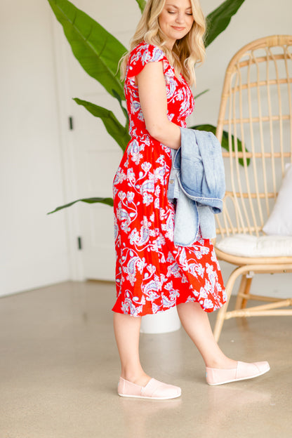 Smocked Paisley Red Midi Dress Dresses