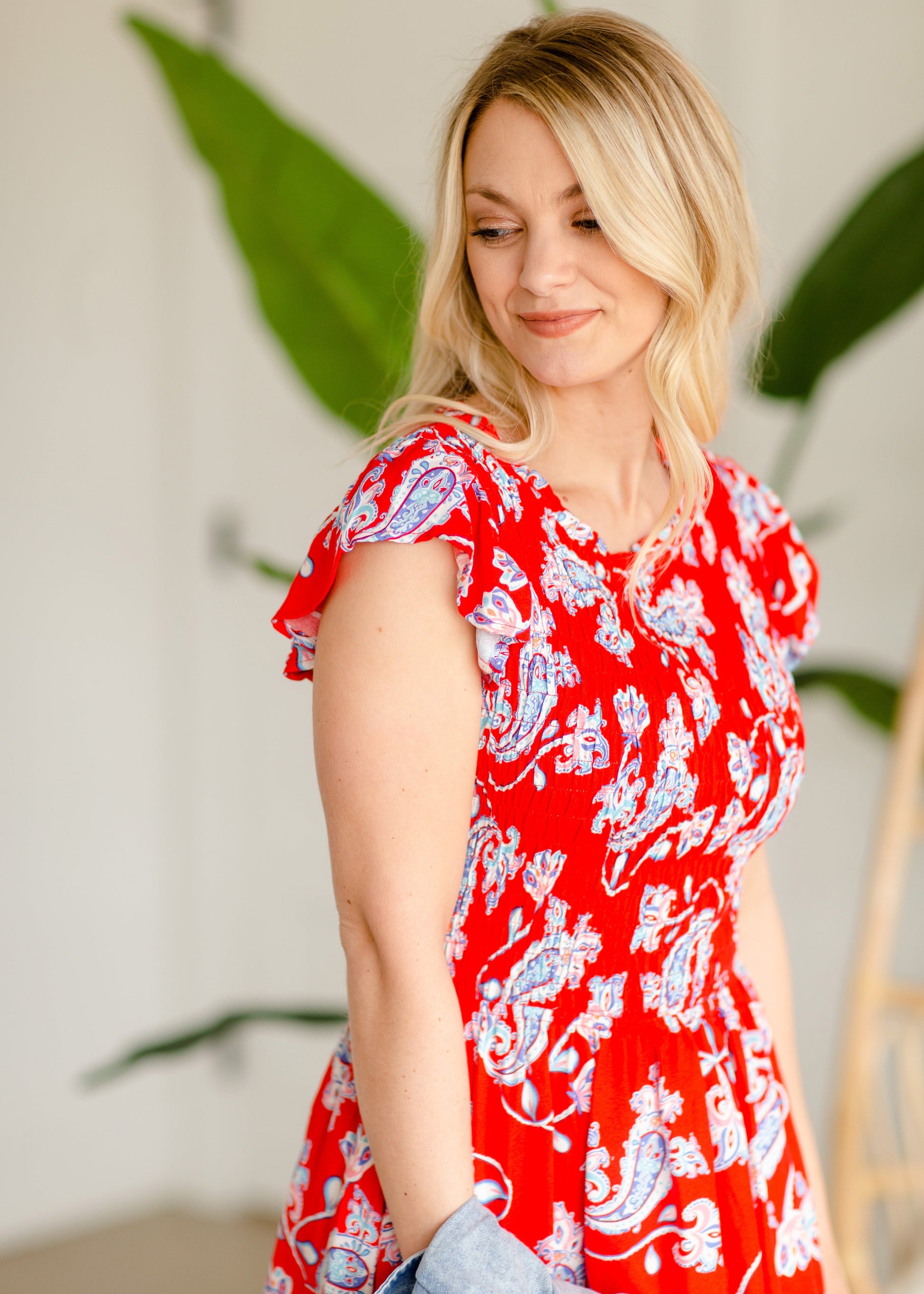 Smocked Paisley Red Midi Dress Dresses