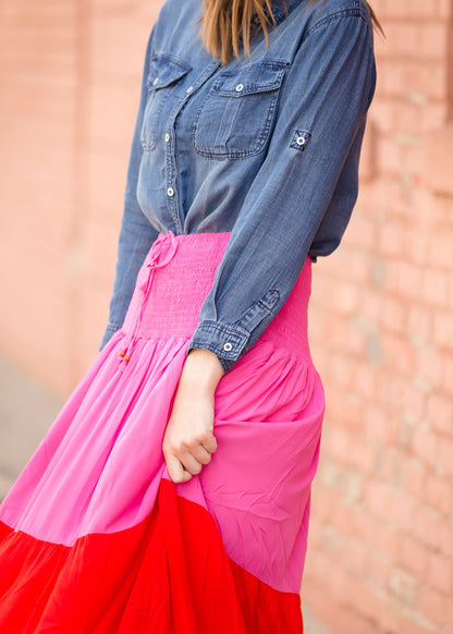 Smocked Red and Pink Color Block Maxi Skirt - FINAL SALE Skirts