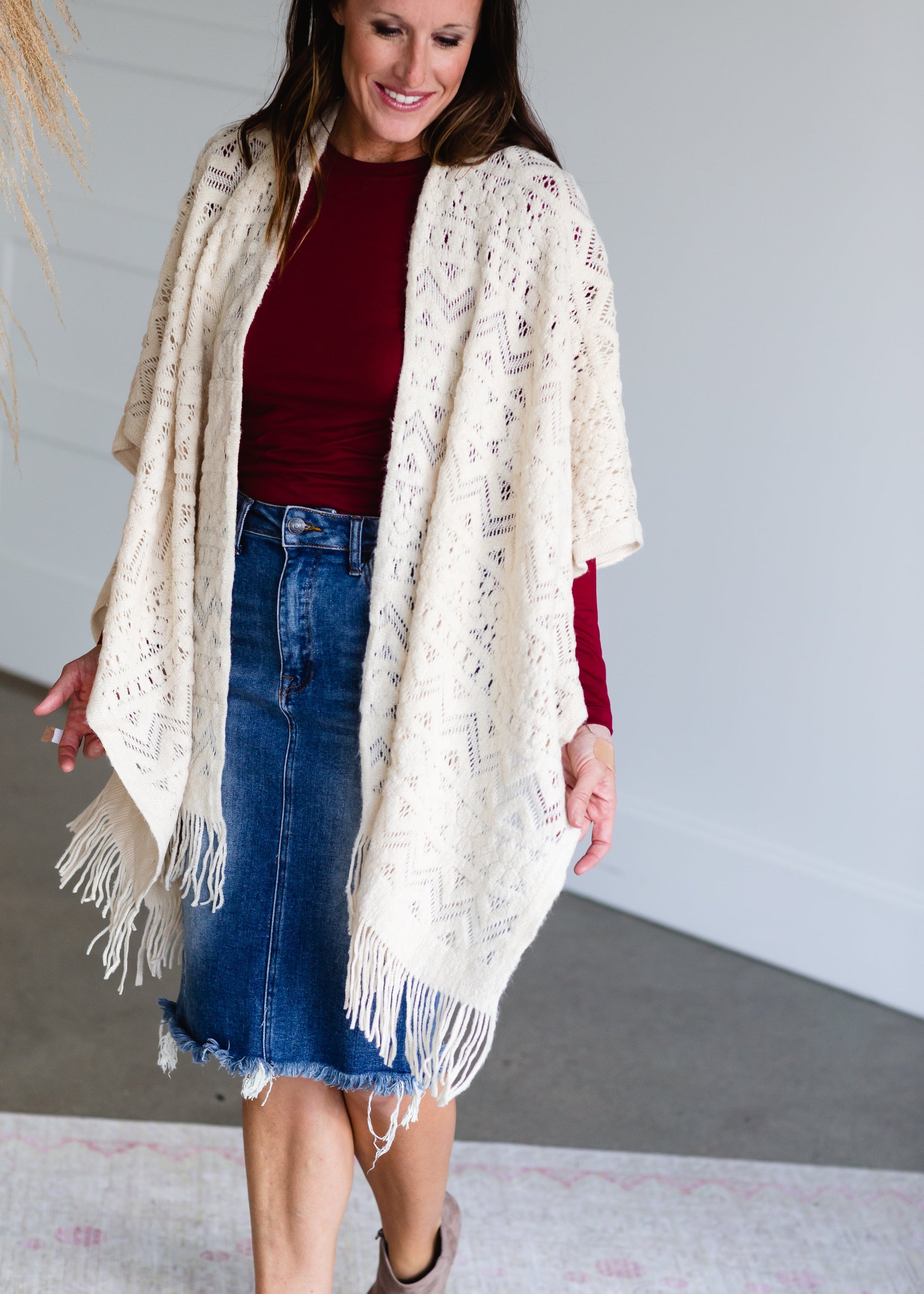 Soft Chevron + Floral Tasseled Ruana Shawl - FINAL SALE FF Tops