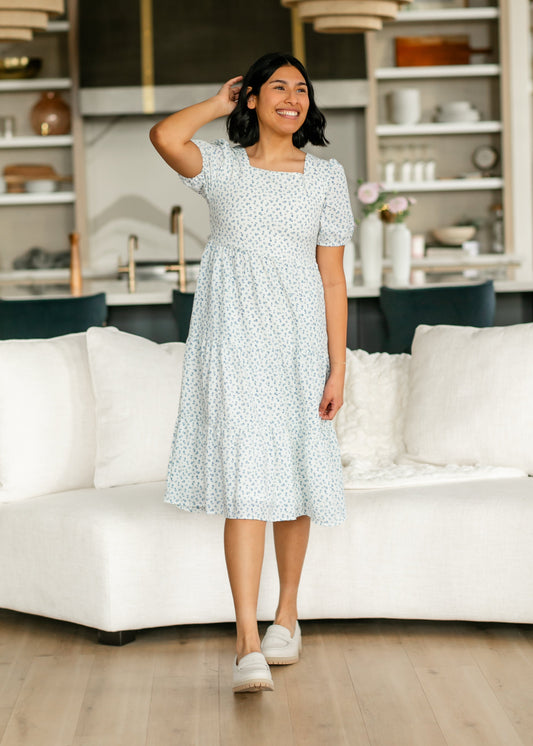 Square Neck Blue Floral Short Sleeve Midi Dress FF Dresses