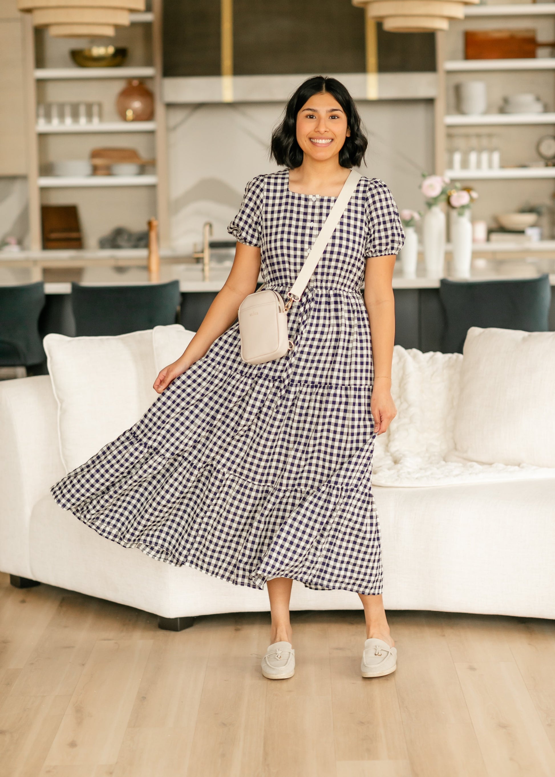 Square Neck Gingham Button Up Dress FF Dresses