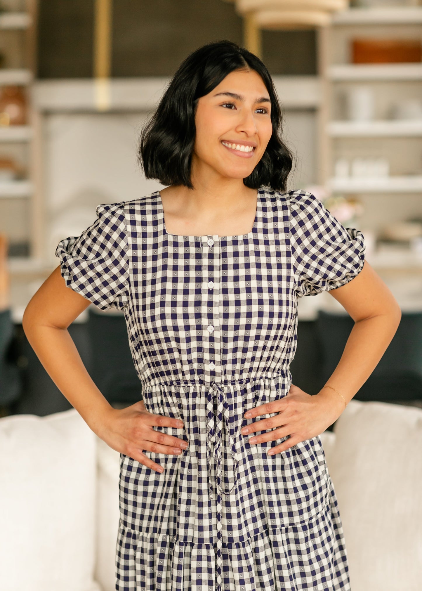 Square Neck Gingham Button Up Dress FF Dresses