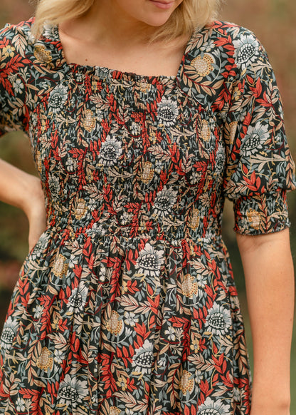 Square Neck Smocked Floral Midi Dress FF Dresses