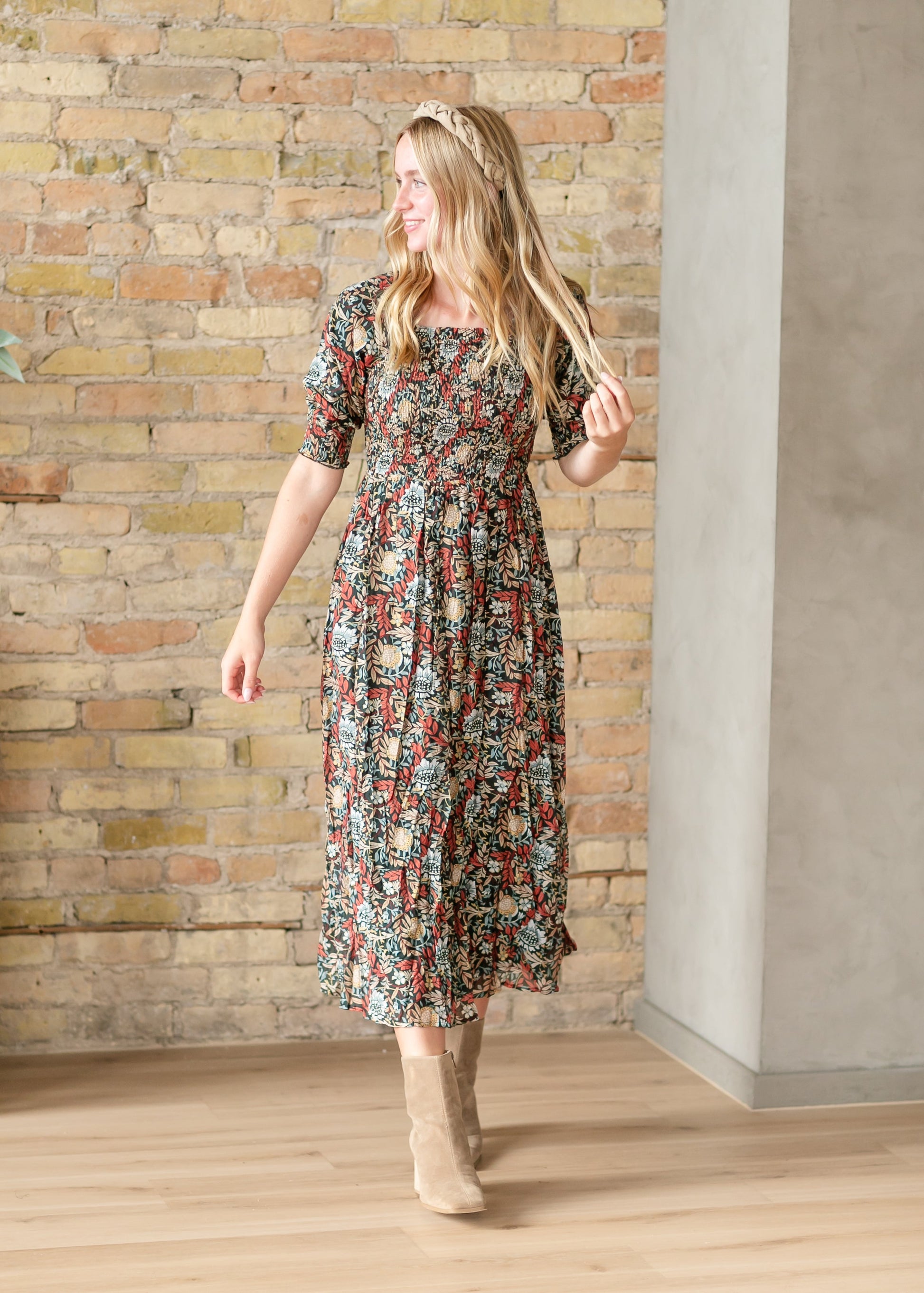 Square Neck Smocked Floral Midi Dress FF Dresses