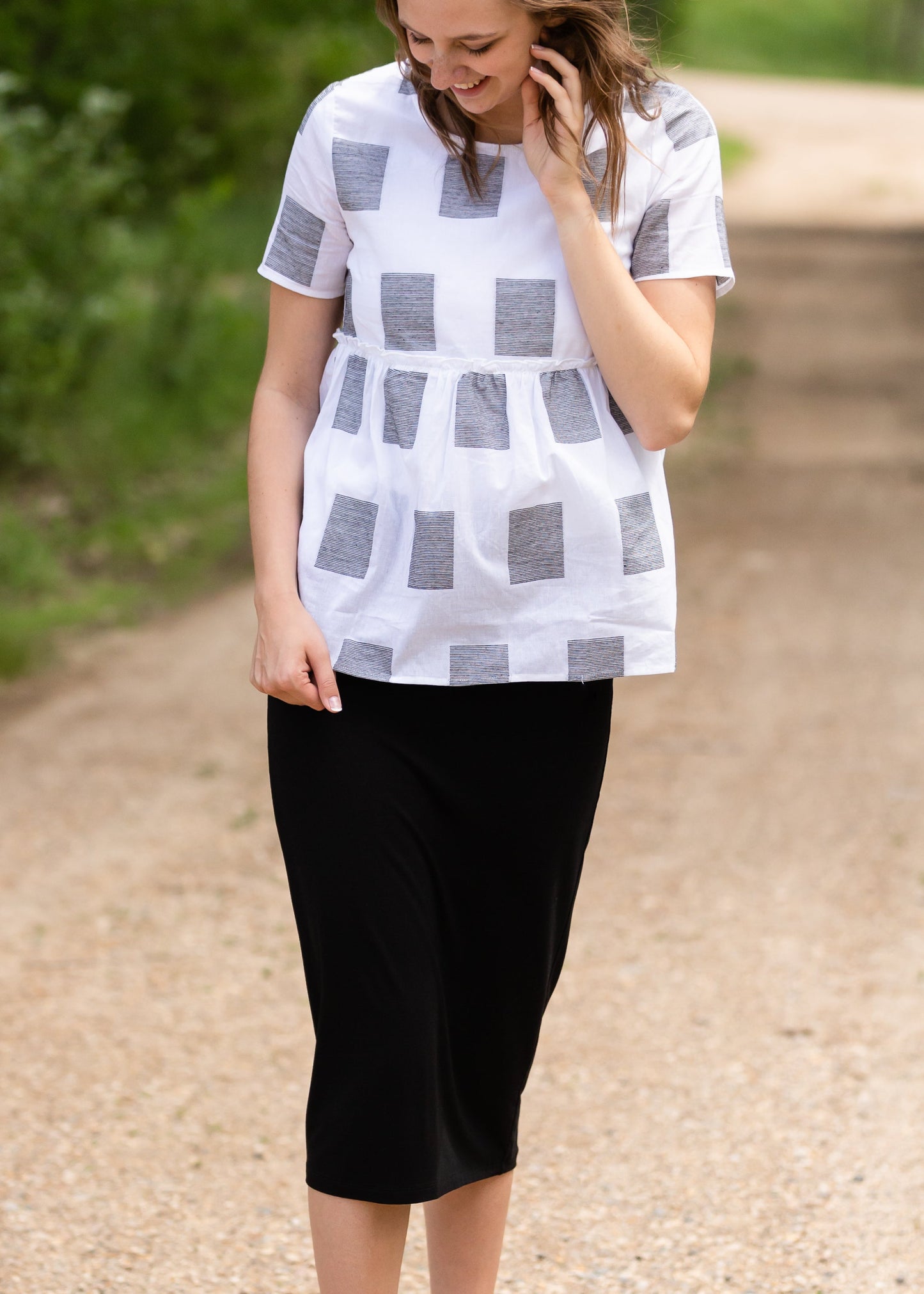 Square Print Peplum Short Sleeve Top - FINAL SALE Tops