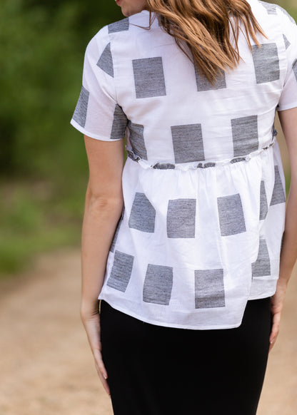 Square Print Peplum Short Sleeve Top - FINAL SALE Tops