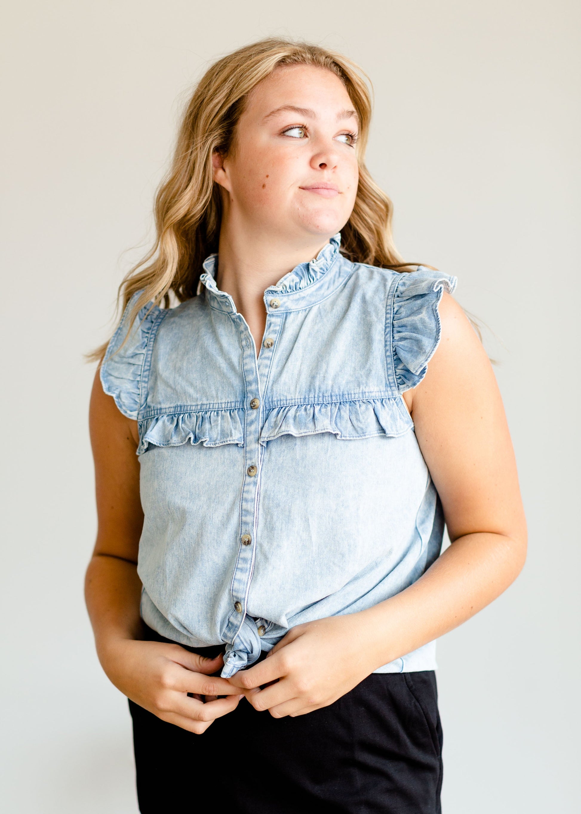 Stonewash Ruffle Denim Tank Top - FINAL SALE Tops