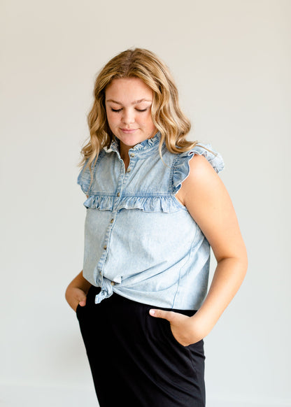 Stonewash Ruffle Denim Tank Top - FINAL SALE Tops