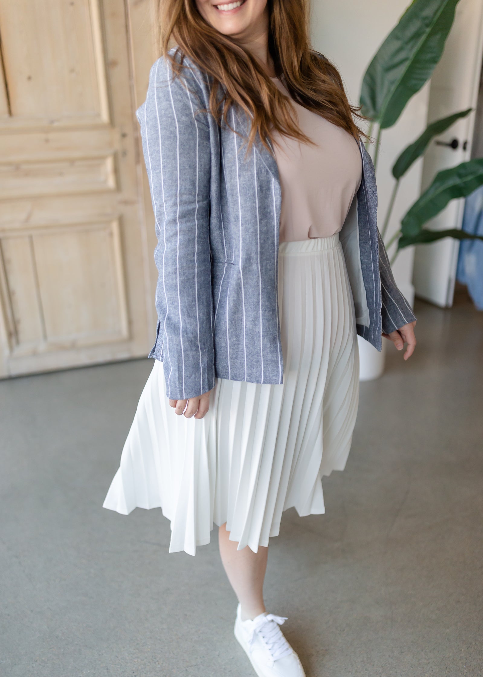 Stripe Chambray + Ivory Linen Blazer Tops