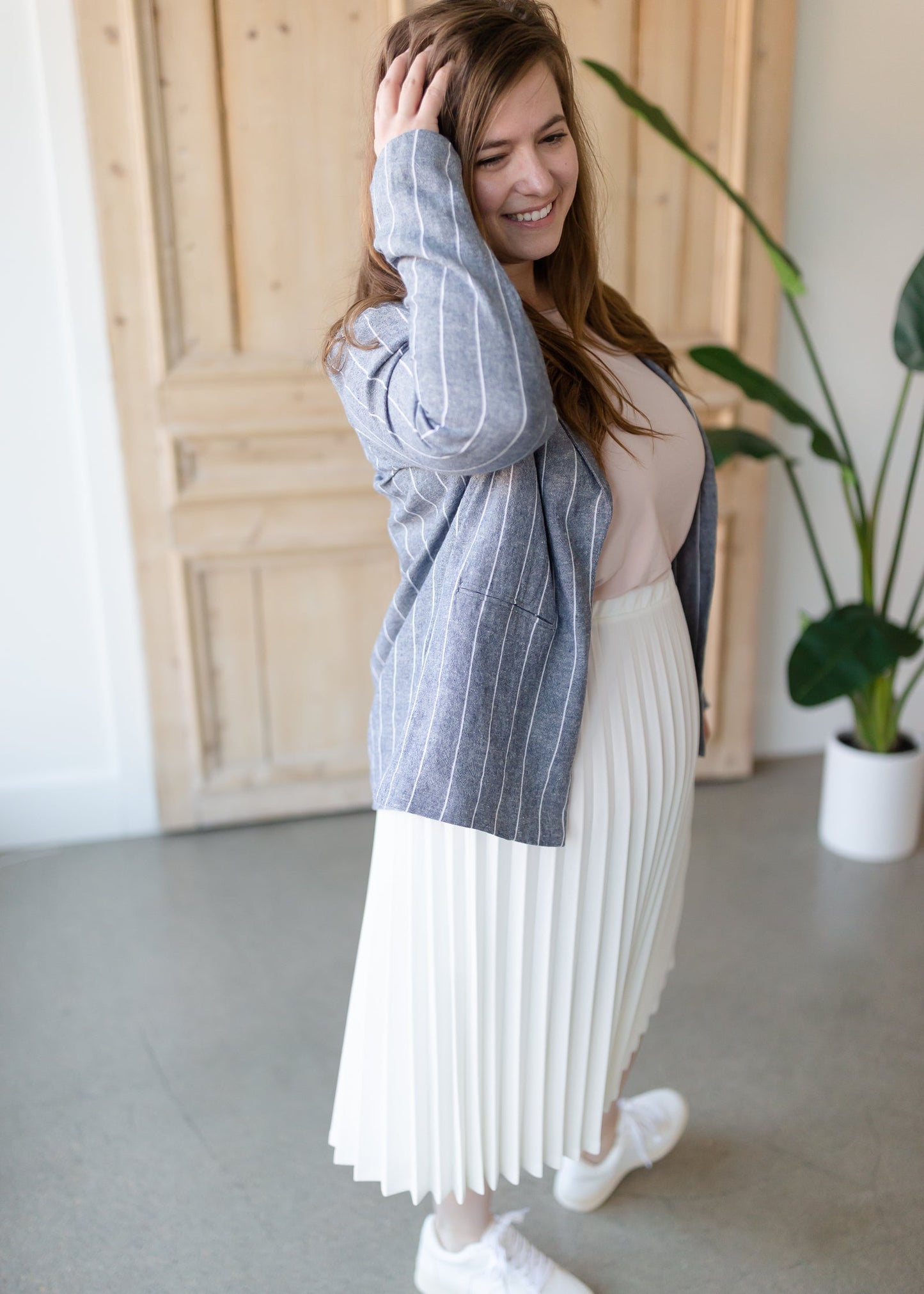 Stripe Chambray + Ivory Linen Blazer Tops