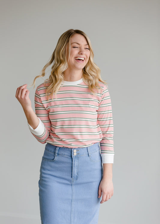 Striped 3/4 Sleeve Casual Top - FINAL SALE Tops