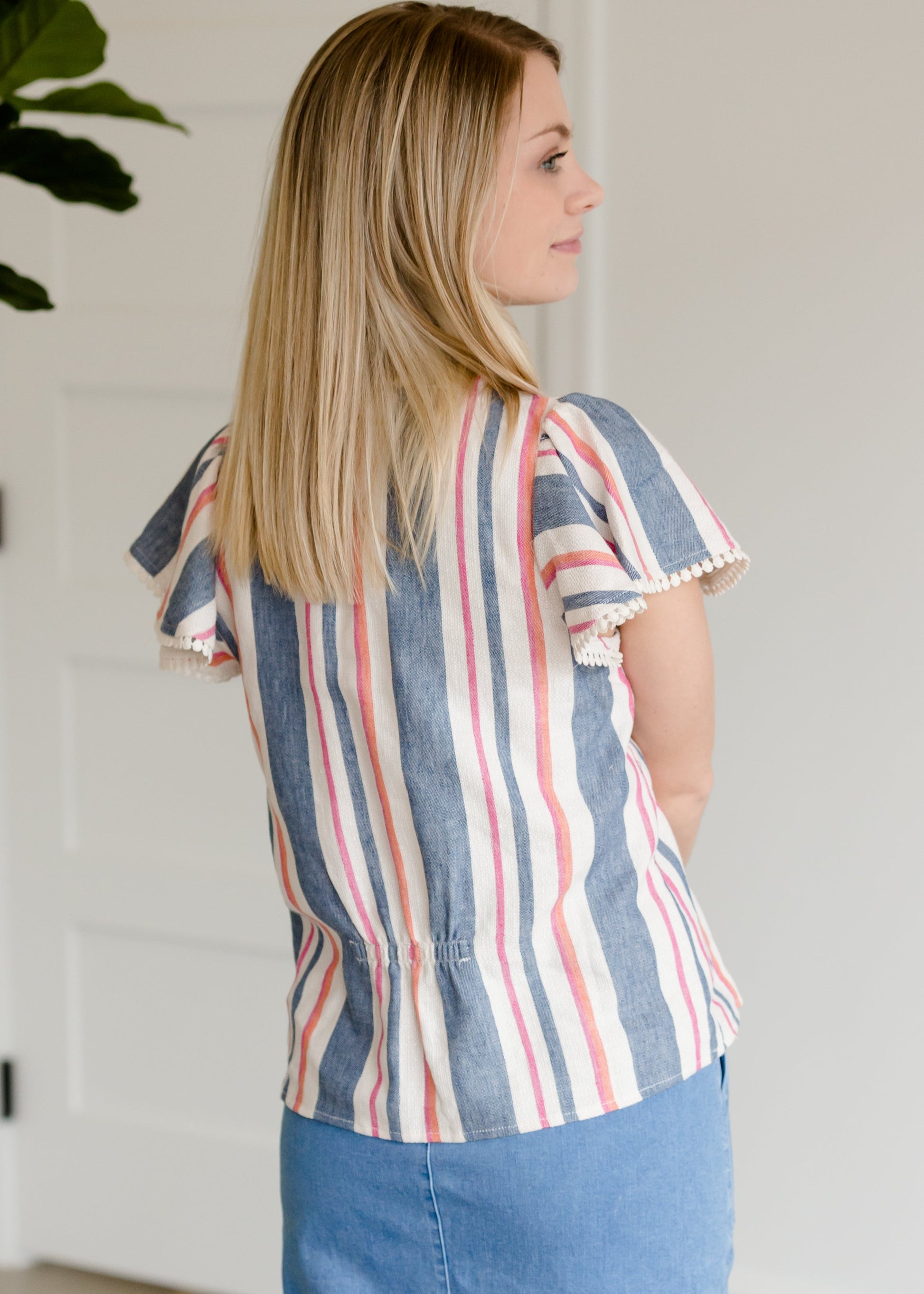 Striped Blue Flutter Sleeve Top - FINAL SALE Tops