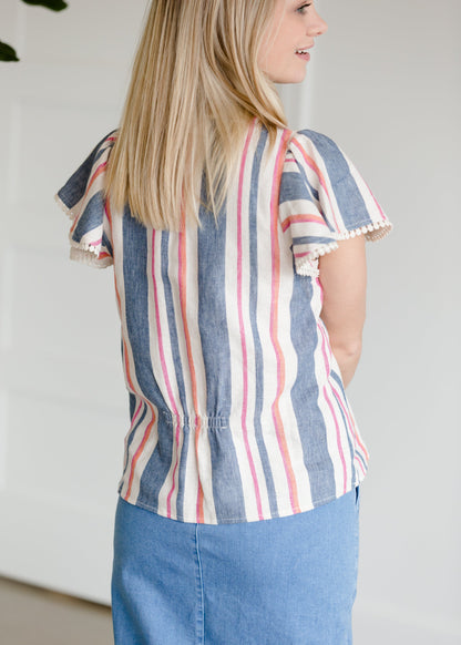 Striped Blue Flutter Sleeve Top - FINAL SALE Tops