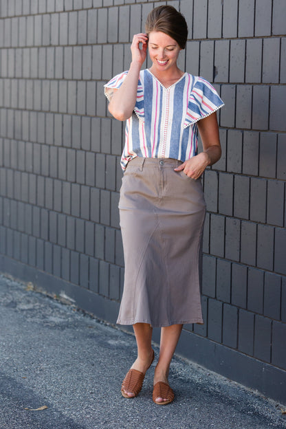 Striped Blue Flutter Sleeve Top - FINAL SALE Tops