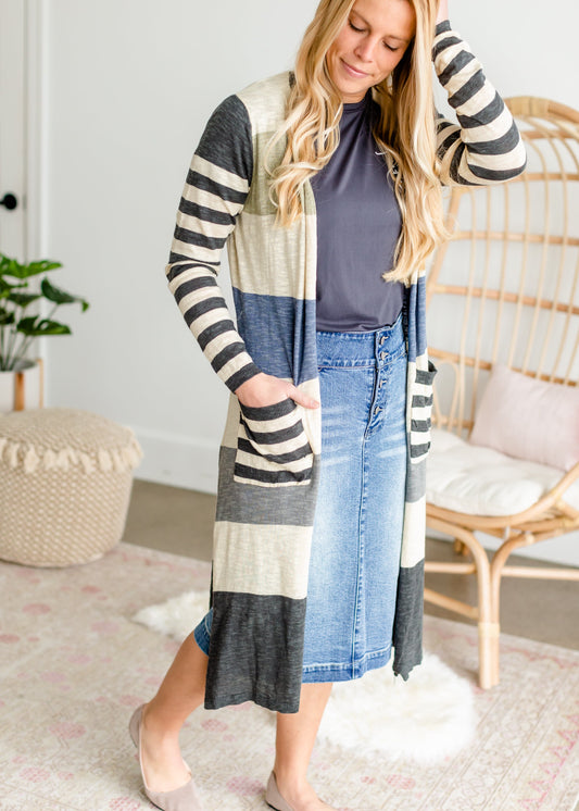 Striped Denim Gray Duster Cardigan Tops