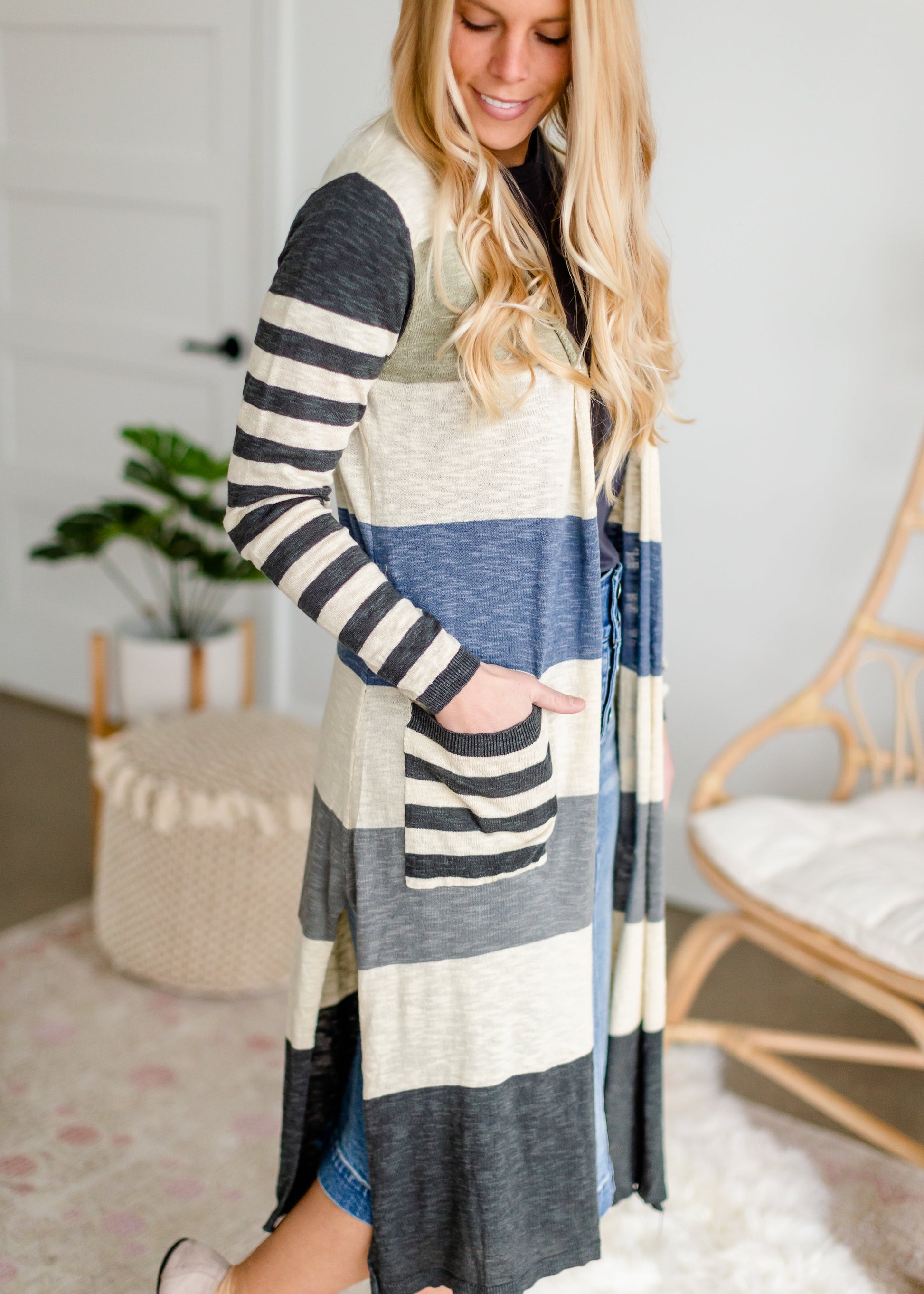 Striped Denim Gray Duster Cardigan Tops