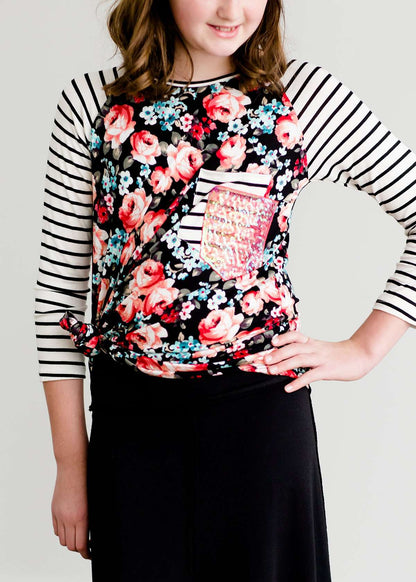 Striped Floral Sequin Pocket Tee - FINAL SALE Tops