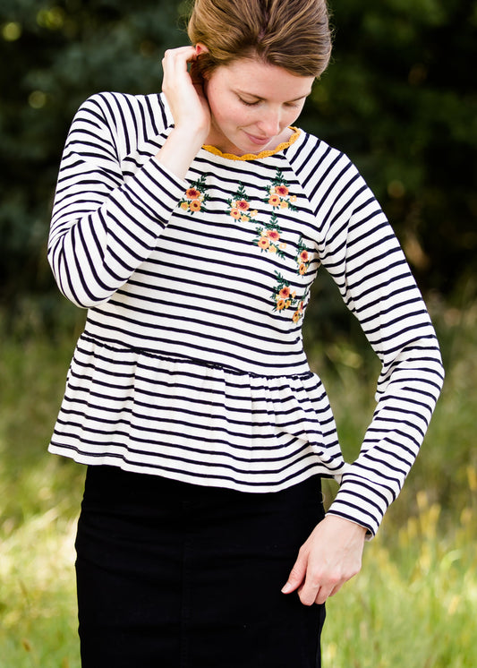 Striped Raglan Embroidered Top - FINAL SALE Tops