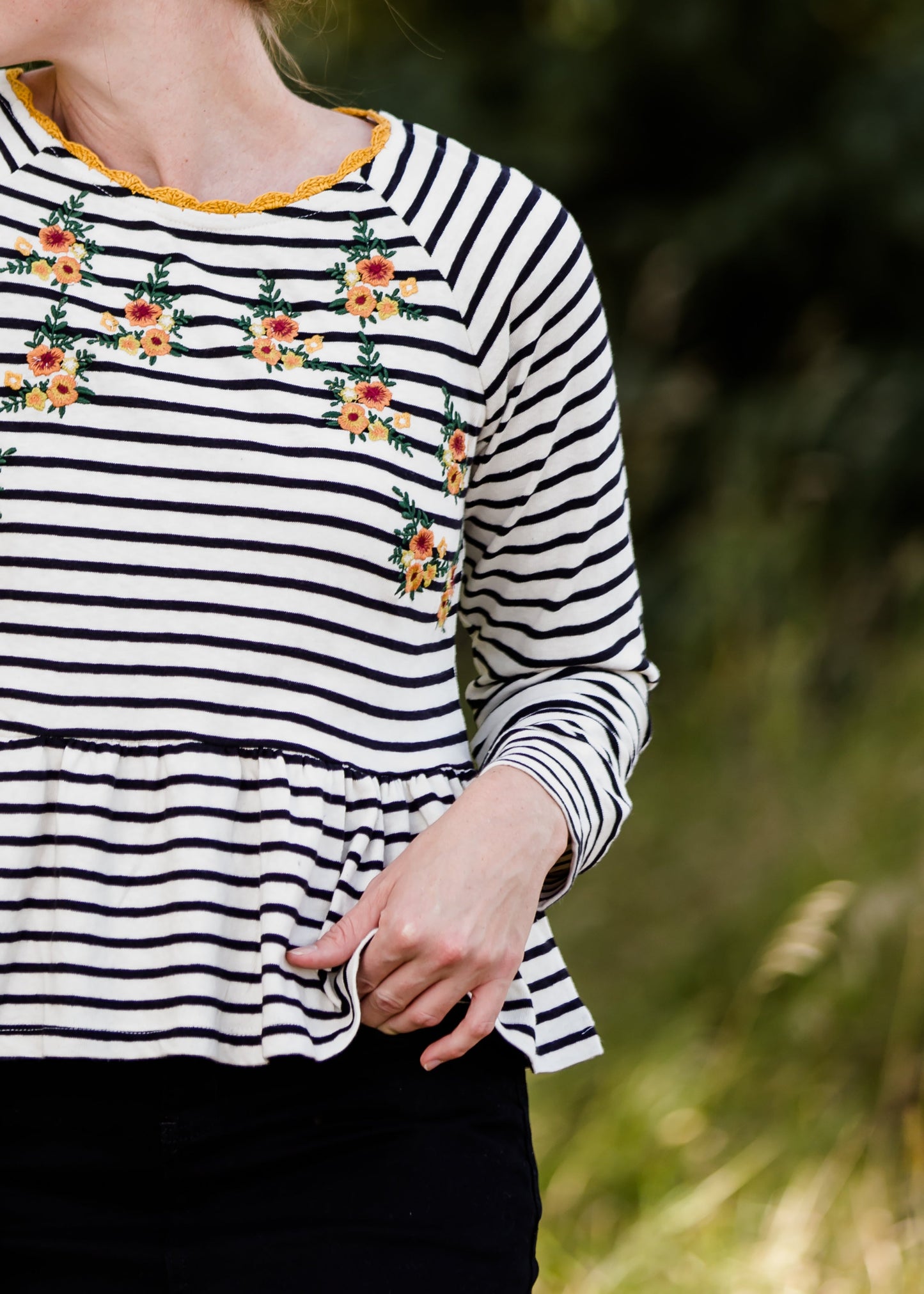 Striped Raglan Embroidered Top - FINAL SALE Tops