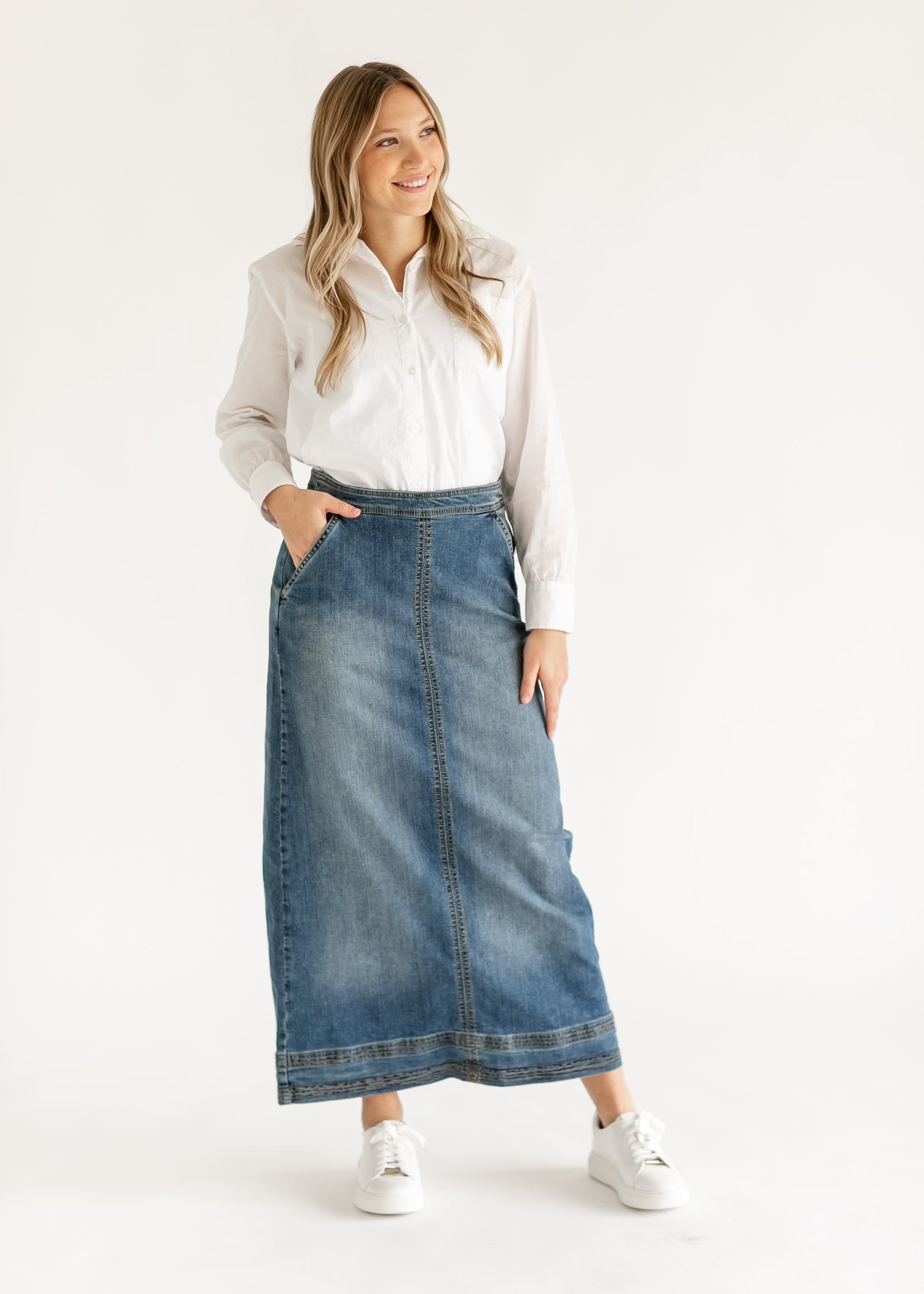 Sutton Side Zip A-line Denim Maxi Skirt IC Skirts