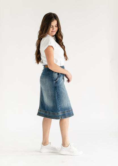 Sutton Side Zip A-line Denim Midi Skirt IC Skirts